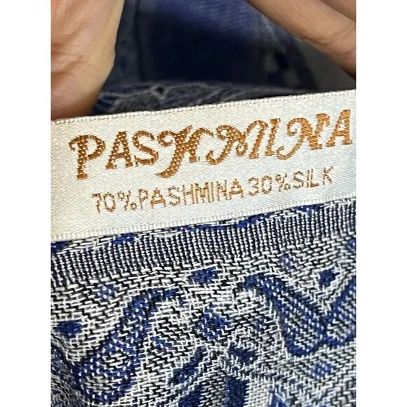 Pashmina Scarf Adult Blue Floral Silk Paisley Tassel Luxury Wrap Neutral Shawl - Picture 2 of 10